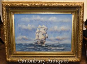 英語の油絵の船の海の風景海洋のアート