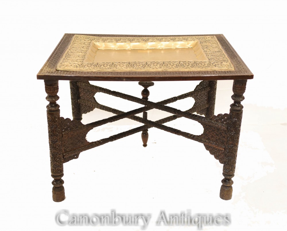 ダマスカンコーヒーサイドテーブル-アラベスク真鍮トレイ
