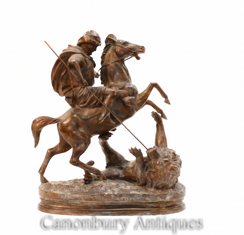 フランスのブロンズアラブ馬ライオンがバリーの彫刻で殺す