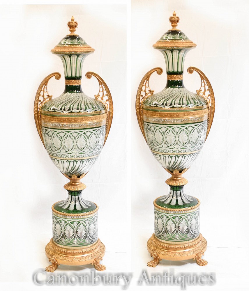 ペアエンパイアガラス花瓶-フランスの蓋付き金箔壷