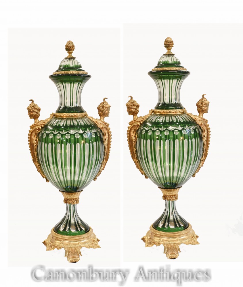 ペアフレンチグリーンガラス花瓶-エンパイアオルモル壷